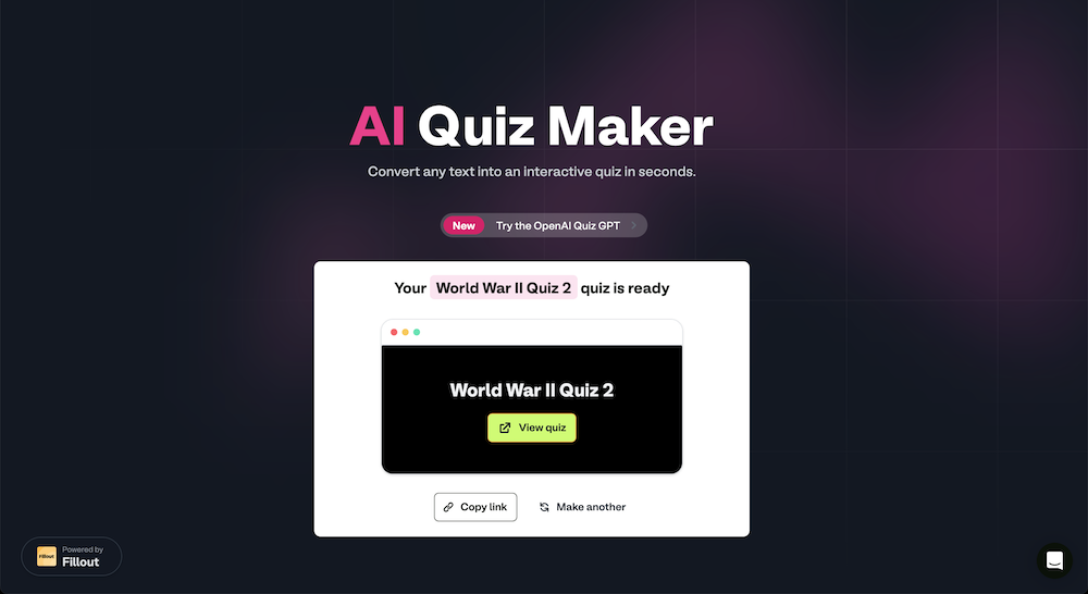 AI Quiz Maker schermata iniziale con quiz generato.png