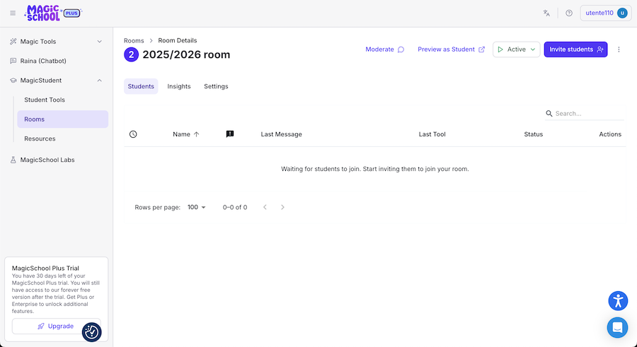 MagicSchool schermata rooms con studenti.png